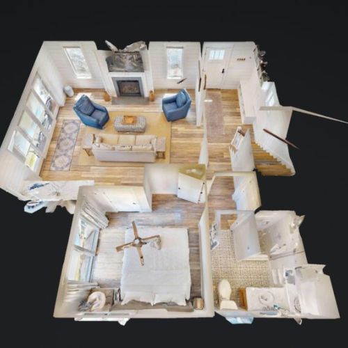 First floor | primary bedroom, private bath, and living area